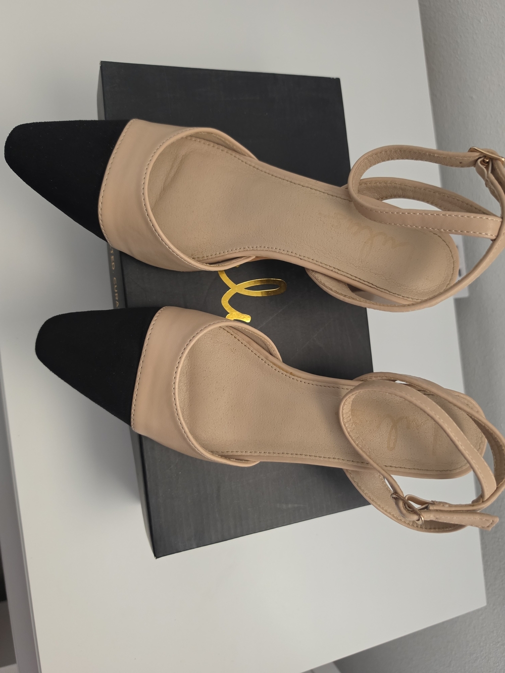 Lulu's Lelaya Two-Tone Pointed Block Heel Sandals in Nude and Black - Picture 2 of 5
